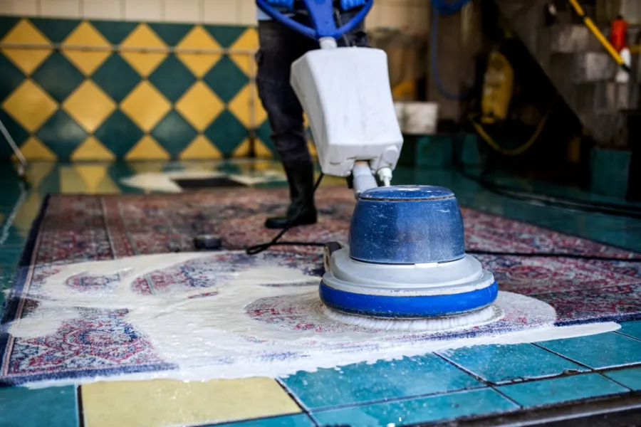 Professional rug cleaning machine on a patterned rug