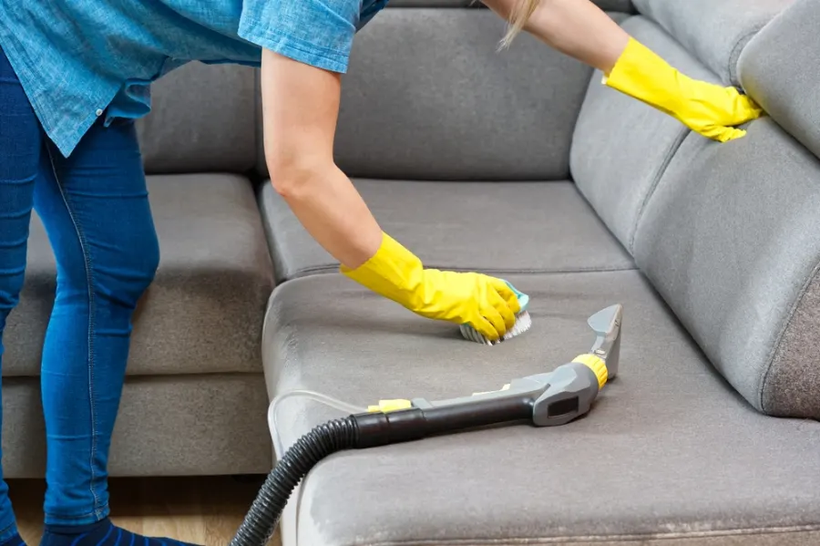 Upholstery cleaning on a grey sofa